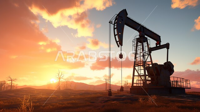  جودة أدوات ومعدات استخراج البترول، بيع وتصدير الثروات الباطنية، استنباط النفط والزيوت، صورة ظليلية لحفارة تقوم بالتنقيب عن النفط في الصحراء وقت غروب الشمس، سالوليت