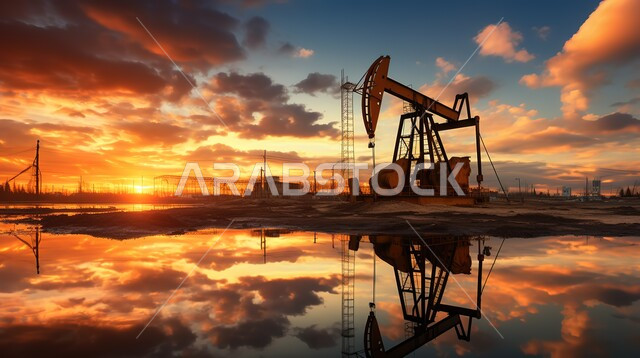  بيع وتصدير الثروات الباطنية، استنباط النفط والزيوت، جودة أدوات ومعدات استخراج البترول، صورة ظليلية لحفارة تقوم بالتنقيب عن النفط في الصحراء وقت غروب الشمس، سالوليت