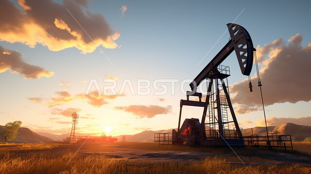استنباط النفط والزيوت،  جودة أدوات ومعدات استخراج البترول، بيع وتصدير الثروات الباطنية، صورة ظليلية لحفارة تقوم بالتنقيب عن النفط في الصحراء وقت غروب الشمس، سالوليت