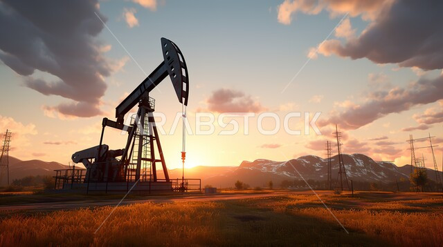 بيع وتصدير الثروات الباطنية في المملكة العربية السعودية، استنباط النفط والزيوت،  جودة أدوات ومعدات استخراج البترول، صورة ظليلية لحفارة تقوم بالتنقيب عن النفط في الصحراء وقت غروب الشمس، سالوليت