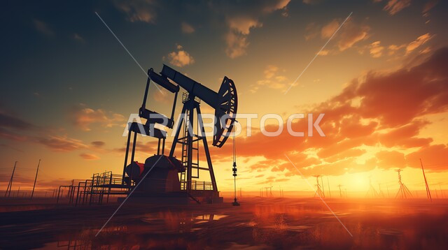 تصدير وبيع الثروات الباطنية في المملكة العربية السعودية، استنباط النفط والزيوت،  جودة أدوات ومعدات استخراج البترول، صورة ظليلية لحفارة تقوم بالتنقيب عن النفط في الصحراء وقت غروب الشمس، سالوليت