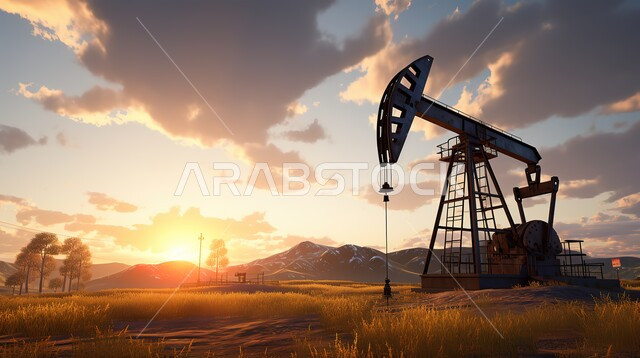  جودة أدوات ومعدات استخراج البترول، تصدير وبيع الثروات الباطنية في المملكة العربية السعودية، استنباط النفط والزيوت، صورة ظليلية لحفارة تقوم بالتنقيب عن النفط في الصحراء وقت غروب الشمس، سالوليت