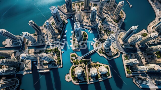الفن الهندسي المعماري للأبراج وناطحات السحاب المطلة على البحر الإصطناعي في مدينة دبي، صورة من الاعلى للنمو والتطور العمراني للمباني والمنشآت في دولة الإمارات، معالم دبي المشهورة، السياحة في الإمارات