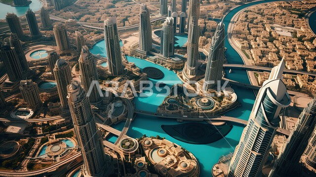 الأبراج وناطحات السحاب المطلة على البحر الإصطناعي في مدينة دبي، الفن الهندسي المعماري، صورة من الاعلى للنمو والتطور العمراني للمباني والمنشآت في دولة الإمارات، معالم دبي المشهورة، السياحة في الإمارات