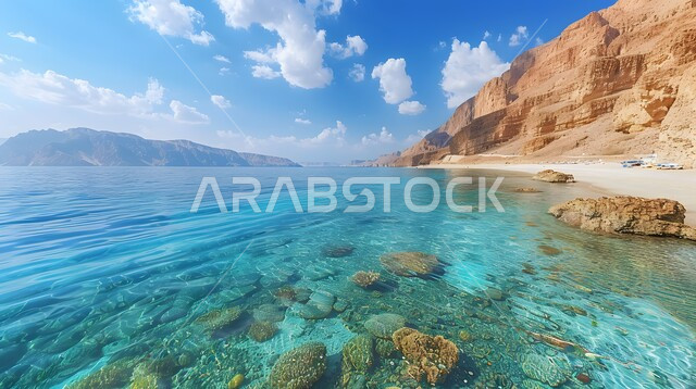 انعكاس السماء الزرقاء على مياه البحر  الصافية, الشاطئ والمنحدرات الصخرية, انسجام عناصر الطبيعة في مشهد بديع