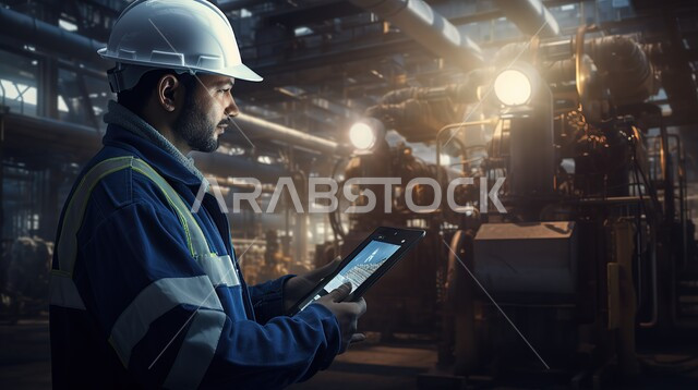 Using technical equipment, a technician operating a petroleum mining machine in an oil company in Saudi Arabia, using a tablet, extracting oil and underground resources in Saudi Arabia, working in factories and oil companies, a Saudi Gulf Arab worker wearing a formal work uniform and a protective helmet standing in front of large machines.
