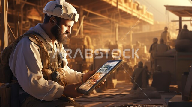 Extracting oil and underground resources in Saudi Arabia, working in factories and oil companies, a Saudi Gulf Arab worker wearing a formal work uniform and a protective helmet standing in front of large machines, a technician operating a petroleum mining machine in an oil company in Saudi Arabia uses a tablet