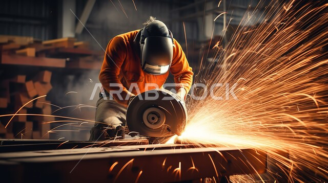 Working in the blacksmith profession, construction works and projects in the Kingdom, a Saudi Gulf Arab worker wearing a work uniform, a helmet and safety glasses, sparks flying when cutting steel, rebuilding Saudi Arabia with the generous hands of its sons