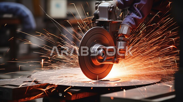 تطاير الشرر عند قص الفولاذ, أعمال ومشاريع البناء في المملكة, آلة تقوم بتقطيع الحديد الصلب للتمكن من استخدامه, العمل في مهنة الحدادة, إعمار السعودية بسواعد أبنائها المعطاءة