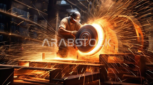 إعمار السعودية بسواعد أبنائها المعطاءة, أعمال ومشاريع البناء في المملكة, عامل عربي خليجي سعودي يرتدي الزي الخاص بالعمل وخوذة ونظارة الحماية, تطاير الشرر عند قص الفولاذ, العمل في مهنة الحدادة