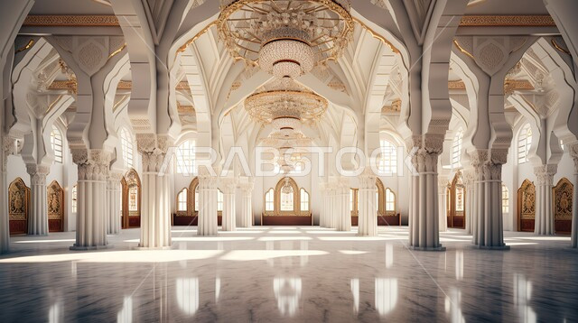 الأقواس والأعمدة الحجرية البيضاء المزخرفة، التصاميم الهندسية المعمارية على الطراز الاسلامي للمساجد في السعودية, الديكورات الداخلية المعاصرة والثريات المعلقة في السقف