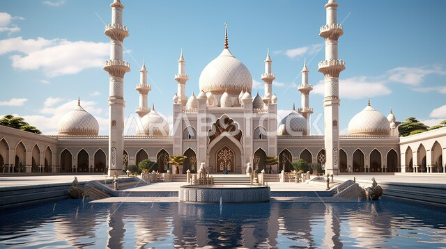 التصاميم  المعمارية الحديثة على الطراز الاسلامي للمساجد في السعودية, المآذن الشامخة والقبب المتعددة, نافورة الماء في ساحة المسجد الخارجية, الأعمدة والأقواس الداخلية البيضاء المزخرفة