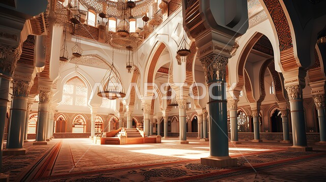 الأقواس الحجرية المزخرفة, التصاميم الهندسية المعمارية على الطراز الاسلامي للمساجد في السعودية, الديكورات الداخلية والأضواء المعلقة في أسقف المسجد, الأرض المفروشة بالسجاد الفاخر