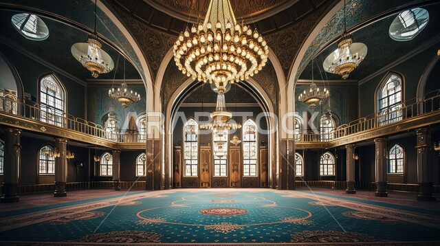 التصاميم الهندسية المعمارية على الطراز الاسلامي للمساجد في السعودية, الديكورات الداخلية والأضواء المعلقة في أسقف المسجد, الأقواس الحجرية المزخرفة, الأرض المفروشة بالسجاد الفاخر