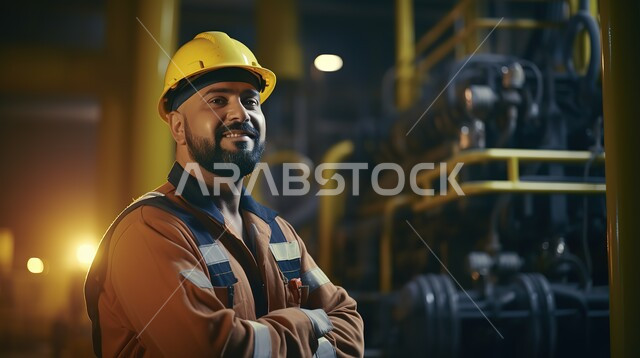 مهن ووظائف هندسية إماراتية, الادارة والاشراف على آلية التصنيع، جودة الصناعة والانتاج في المعامل، الأيدي العربية العاملة المنتجة، مهندس عربي خليجي إماراتي يرتدي اليونيفورم وقبعة الحماية يقف بجانب الآلات الضخمة, مهندس محترف يقوم بمتابعة سير العمل بشكل مباشر
