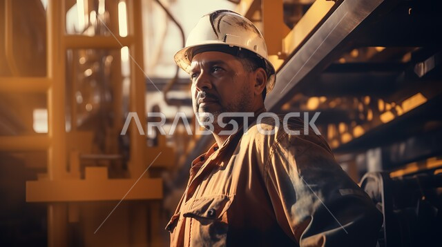 الأيدي العربية العاملة المنتجة، الادارة والاشراف على آلية التصنيع، جودة الصناعة والانتاج في المعامل، مهن ووظائف هندسية إماراتية, مهندس عربي خليجي إماراتي يرتدي اليونيفورم وقبعة الحماية يقف بجانب الآلات الضخمة, مهندس محترف يقوم بمتابعة سير العمل بشكل مباشر
