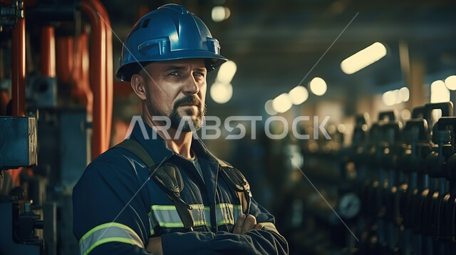 Quality of industry and production in factories, management and supervision of the manufacturing mechanism, productive Arab workforce, Emirati engineering professions and jobs, an Arab Gulf-Emirati engineer wearing a uniform and a protective hat standing next to huge machines, a professional engineer who directly monitors the progress of work