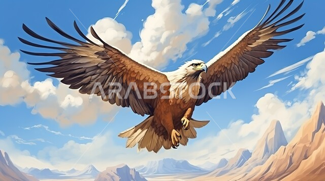 تنوع الثروة الحيوانية, حياة الحيوانات البرية والطيور الجارحة, نسر يحلق بجناحيه الكبيرين في السماء الصافية في صحراء الإمارات العربية, مفهوم الافتراس وحدة البصر