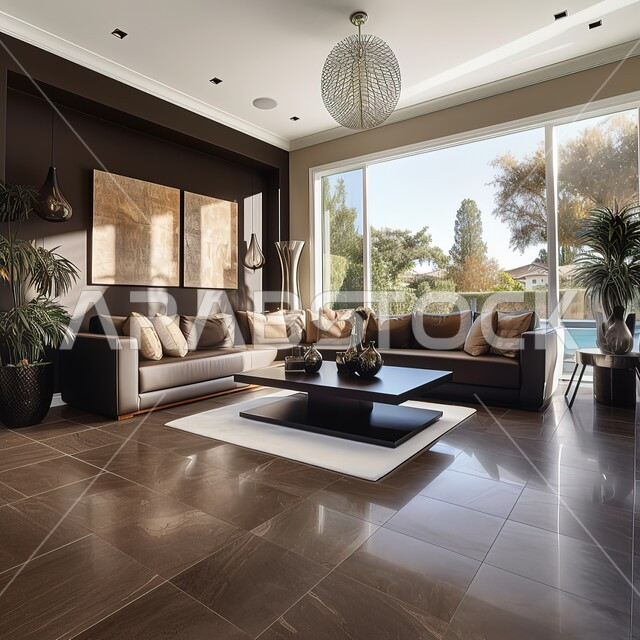 الأثاث الراقي والاكسسوارات المعاصرة، ديكورات داخلية على الطراز الحديث لشقق سكنية في الامارات العربية المتحدة، تصاميم بأرضيات ذات ألوان داكنة، الفن الهندسي المعماري للفلل والعقارات الجديدة