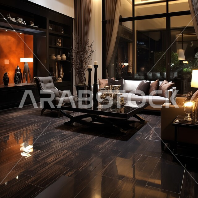 ديكورات داخلية على الطراز الحديث لشقق سكنية في الامارات العربية المتحدة، الأثاث الراقي والاكسسوارات المعاصرة، تصاميم بأرضيات ذات ألوان داكنة، الفن الهندسي المعماري للفلل والعقارات الجديدة