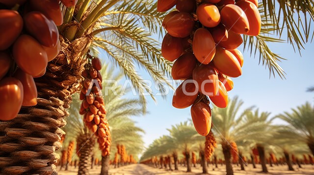 Luxurious Arabian Gulf dates, palm plantations extending over large areas in the Emirates, harvests filled with ripe dates, national local crops and products.