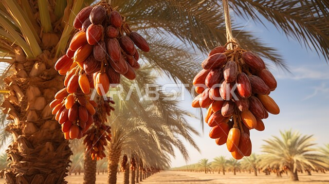 القطوف الممتلئة بحبات البلح الناضجة, مزارع النخيل الممتدة على مساحات واسعة في الامارات, التمور العربية الخليجية الفاخرة, محاصيل ومنتجات محلية وطنية
