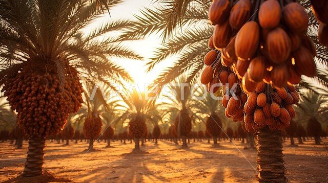 محاصيل ومنتجات محلية وطنية, مزارع النخيل الممتدة على مساحات واسعة في الامارات, القطوف الممتلئة بحبات البلح الناضجة, التمور العربية الخليجية الفاخرة