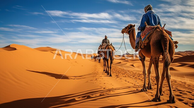 استخدام الحيوانات للتنقل في البادية من مكان لآخر, الرمال والكثبان في المناطق الصحراوية في السعودية، صورة من الخلف لرجل عربي خليجي سعودي يركب على جمل ضمن قافلة الجمال في الصحراء, تربية المواشي في المحميات الطبيعية, أهمية رعاية الإبل في المملكة 