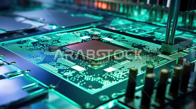 شريحة المعالجة والتحكم بجميع الأوامر الصادرة والواردة, اللوحة الأم في جهاز الحاسوب, صورة مقربة لوحدة المعالجة المركزية, الثورة الرقمية التكنولوجية في مجال الالكترونيات