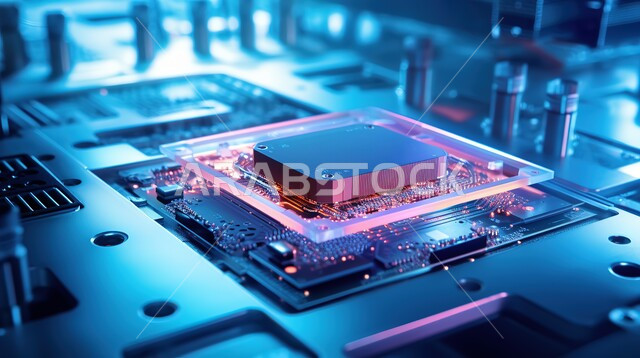 الثورة الرقمية التكنولوجية في مجال الالكترونيات, اللوحة الأم في جهاز الحاسوب, صورة مقربة لوحدة المعالجة المركزية, شريحة المعالجة والتحكم بجميع الأوامر الصادرة والواردة