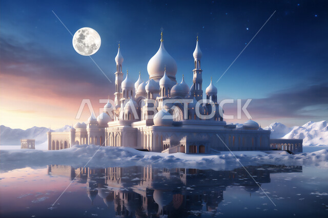 خلفية السماء بالقمر المضيء، التصاميم الهندسية المميزة للمساجد، الفن الهندسي المعماري في بناء دور العبادة، الديكورات الانشائية على الطراز الديني الاسلامي, العبادة والتقرب إلى الله، أماكن أداء الصلوات والطاعات