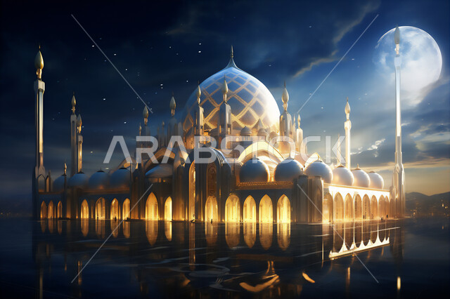 الديكورات الانشائية على الطراز الديني الاسلامي,  التصاميم الهندسية المميزة للمساجد، الفن الهندسي المعماري في بناء دور العبادة، العبادة والتقرب إلى الله، أماكن أداء الصلوات والطاعات, خلفية السماء بالقمر المضيء