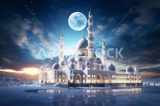 الفن الهندسي المعماري في بناء دور العبادة،  التصاميم الهندسية المميزة للمساجد، الديكورات الانشائية على الطراز الديني الاسلامي, العبادة والتقرب إلى الله، أماكن أداء الصلوات والطاعات, خلفية السماء بالقمر المضيء