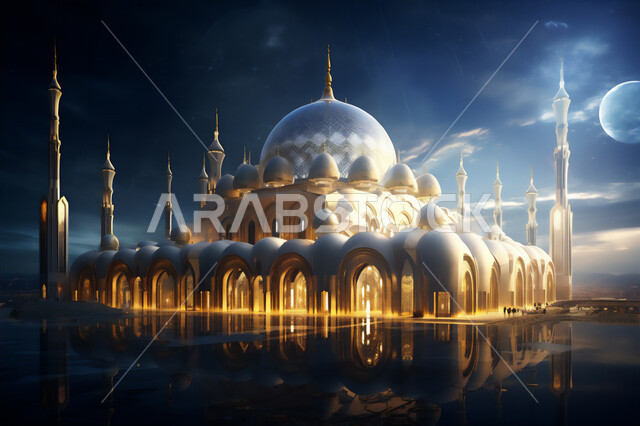  التصاميم الهندسية المميزة للمساجد، الفن الهندسي المعماري في بناء دور العبادة، الديكورات الانشائية على الطراز الديني الاسلامي, العبادة والتقرب إلى الله، أماكن أداء الصلوات والطاعات, خلفية السماء بالقمر المضيء