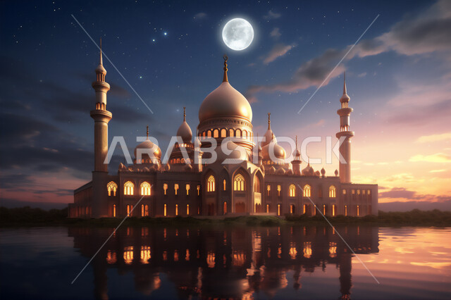 الطراز الديني الاسلامي في انشاء القبب والمآذن العالية, التصاميم الهندسية المميزة للمساجد، الفن الهندسي المعماري في بناء دور العبادة، العبادة والتقرب إلى الله، أماكن أداء الصلوات والطاعات, خلفية السماء بالقمر المضيء