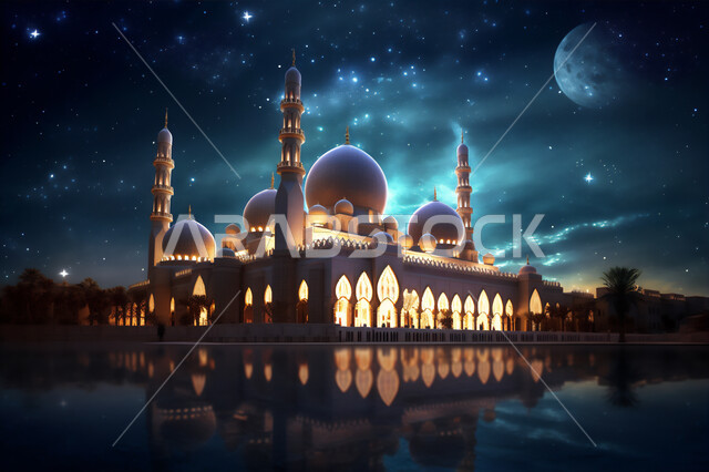 بناء المساجد بتصاميم هندسية مميزة، الفن الهندسي المعماري في تصميم دور العبادة، الديكورات الانشائية على الطراز الديني الاسلامي, العبادة والتقرب إلى الله، أماكن أداء الصلوات والطاعات, خلفية السماء بالقمر المضيء