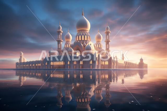 التصميم الهندسي المميز للمسجد، الفن الهندسي المعماري في بناء دور العبادة، الديكورات الانشائية على الطراز الديني الاسلامي, العبادة والتقرب إلى الله، أماكن أداء الصلوات والطاعات, خلفية السماء الملبدة بالغيوم