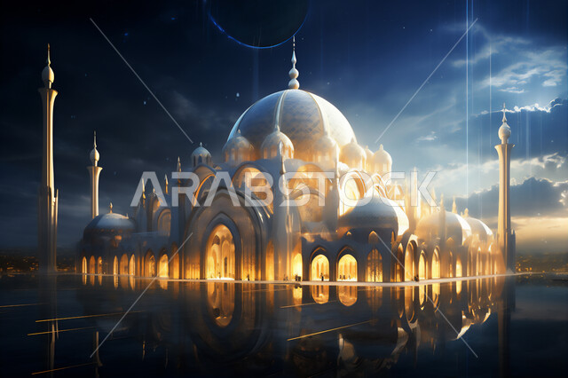 The towering domes and minarets of mosques, architectural art in building houses of worship, structural decorations in the Islamic religious style, worship and getting closer to God, places for performing prayers and obedience, the background of the sky filled with clouds