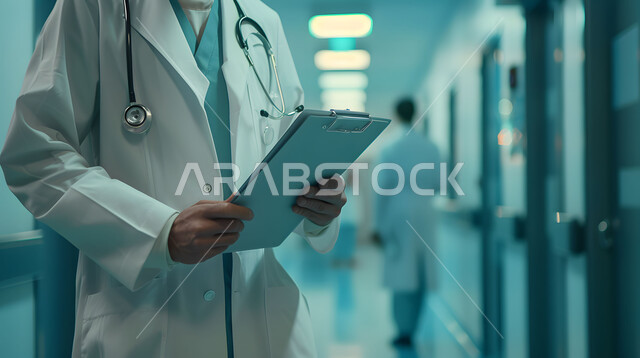 التحاليل والتقارير الطبية، العمل في القطاع الصحي في المملكة العربية السعودية، تقديم الرعاية والخدمات الصحية، قراءة ملفات وأوراق المرضى، صورة مقربة لطبيب عربي خليجي سعودي يرتدي المعطف الأبيض يضع السماعات الطبيه حول رقبته يقف في ممر مشفى