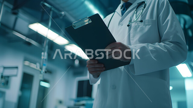 قراءة ملفات وأوراق المرضى، التقارير والتحاليل الطبية، العمل في القطاع الصحي في المملكة العربية السعودية، تقديم الرعاية والخدمات الصحية، صورة مقربة لطبيب عربي خليجي سعودي يرتدي المعطف الأبيض يضع السماعات الطبيه حول رقبته يقف في ممر مشفى