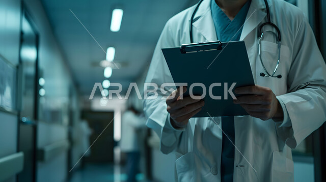 ملفات وأوراق المرضى، قراءة التقارير والتحاليل الطبية، العمل في القطاع الصحي في المملكة العربية السعودية، تقديم الرعاية والخدمات الصحية، صورة مقربة لطبيب عربي خليجي سعودي يرتدي المعطف الأبيض يضع السماعات الطبيه حول رقبته يقف في ممر مشفى