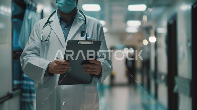 العمل في القطاع الصحي في المملكة العربية السعودية، التحاليل والتقارير الطبية، قراءة ملفات وأوراق المرضى، صورة مقربة لطبيب عربي خليجي سعودي يرتدي المعطف الأبيض يضع السماعات الطبيه حول رقبته يقف في ممر مشفى، الخدمات والرعاية الصحية 