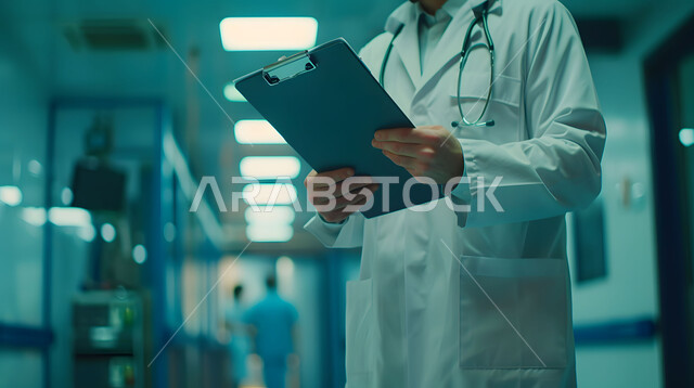 التحاليل والتقارير الطبية، قراءة ملفات وأوراق المرضى، صورة مقربة لطبيب عربي خليجي سعودي يرتدي المعطف الأبيض يضع السماعات الطبيه حول رقبته يقف في ممر مشفى، العمل في القطاع الصحي في المملكة العربية السعودية، الخدمات والرعاية الصحية 