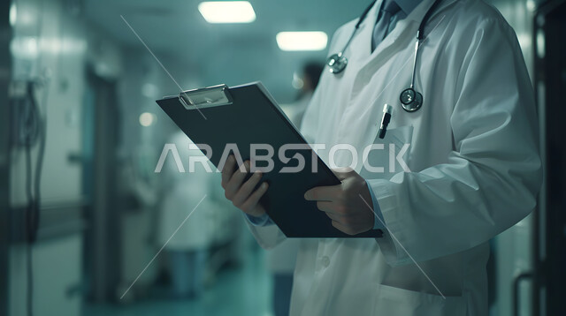 أوراق وملفات المرضى، قراءة التحاليل والتقارير الطبية، صورة مقربة لطبيب عربي خليجي سعودي يرتدي المعطف الأبيض يضع السماعات الطبيه حول رقبته يقف في ممر مشفى، العمل في القطاع الصحي في المملكة العربية السعودية، الخدمات والرعاية الصحية 