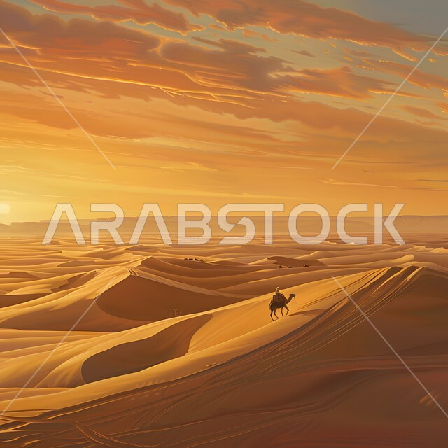 Soft golden sand, camel roaming the deserts of Saudi Arabia, camel walking over sand dunes in the desert during the day, desert tourist places, interest in raising and caring for animals, view of the sky full of clouds at sunset