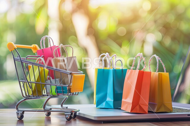 The concept of online shopping, a close-up image of a shopping cart with colored paper bags and a laptop, e-commerce and marketing, the use of modern electronic technologies
