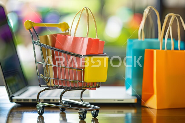The concept of online shopping, a close-up image of a shopping cart with colored paper bags and a laptop, e-commerce and marketing, the use of modern electronic technologies