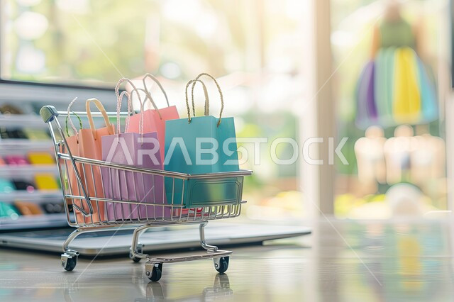 مفهوم التسوق عبر الانترنت، صورة مقربة لعربة تسوق مع اكياس ورقية ملونة وجهاز اللابتوب المحمول، التجارة والتسويق الإلكتروني، استخدام التقنيات الالكترونية الحديثة 
