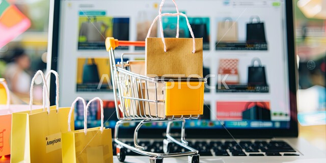 The concept of online shopping, a close-up image of a shopping cart with colored paper bags and a laptop, e-commerce and marketing, the use of modern electronic technologies