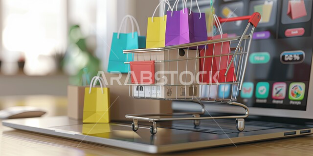 مفهوم التسوق عبر الانترنت، صورة مقربة لعربة تسوق مع اكياس ورقية ملونة وجهاز اللابتوب المحمول، التجارة والتسويق الإلكتروني، استخدام التقنيات الالكترونية الحديثة 